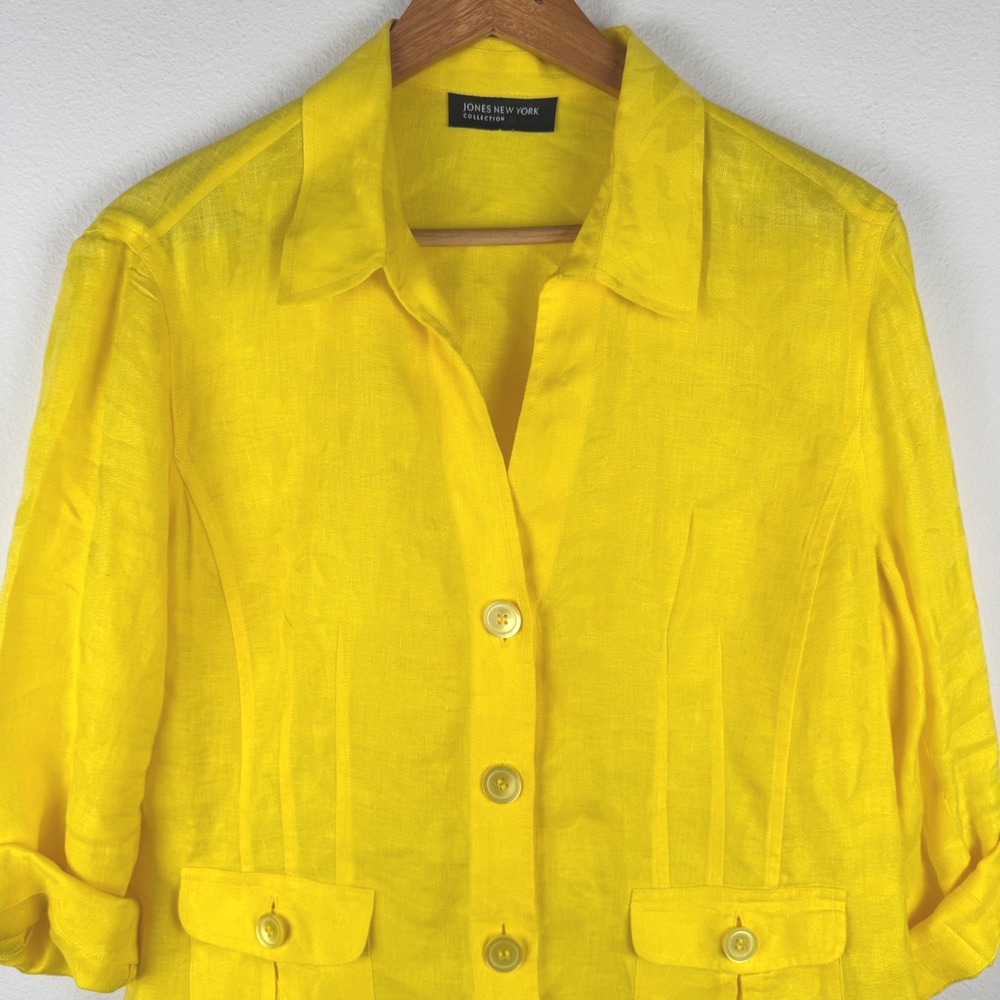 Jones New York Linen Jacket Women 10 Yellow Excellent Floral Jacquard Blazer - Picture 2 of 9